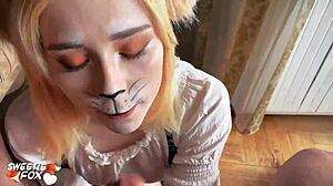 Steampunk girl hard doggy sex and blowjob with oral creampie - fox cosplay
