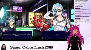 lewdneko the vtuber plays cybercrush 2069, flashing big tits in hentai game
