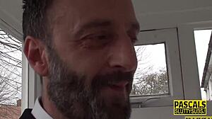 Real busty milf sub enjoys sucking in bdsm setting