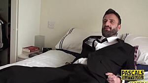 Real busty milf sub enjoys sucking in bdsm setting