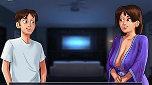 brunette in summertime saga 77 sucks big cock. she shows off her big tits and ass in hentai.