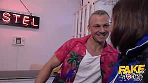 Busty sexy brunette backpacker in fake hostel gets horny and squirts during muff diving