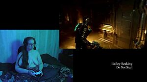 naked brunette plays deadspace with big natural tits exposed