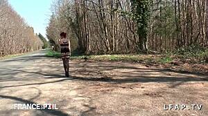 Beautiful redhead whore fucked outdoors by the road!
