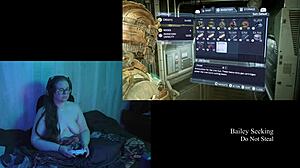 naked brunette plays deadspace with big natural tits exposed