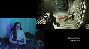 naked brunette plays deadspace with big natural tits exposed