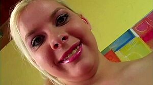 Kinzy Jo's sloppy blowbang ends with facial cumshot.