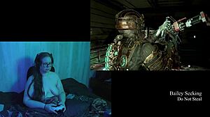 naked brunette plays deadspace with big natural tits exposed