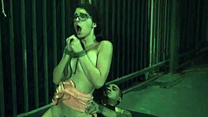 this blonde teen gives a blowjob while getting her pussy hammered hard, rolling with it