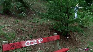 young german teen gives blowjob on playground for cash