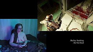 naked brunette plays deadspace with big natural tits exposed