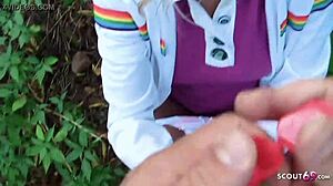 young german teen gives blowjob on playground for cash