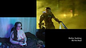 naked brunette plays deadspace with big natural tits exposed