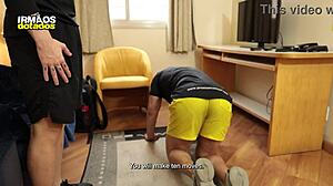 The naughty client seduces the trainer with blowjob and ass licking at the gym