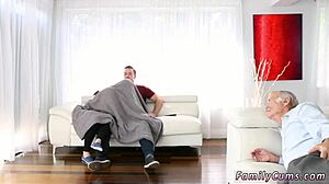 Buddy's stepdaughter hides under the table while butler entertains boss.