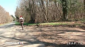 Beautiful redhead whore fucked outdoors by the road!