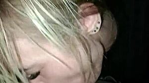 sexy girl sucks dick at the back of the truck in the city center