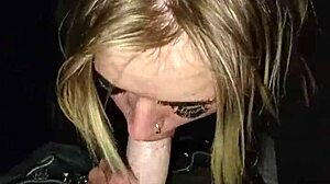 sexy girl sucks dick at the back of the truck in the city center