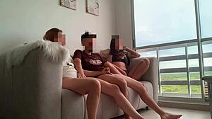 we're bored watching tv so my stepsisters masturbate me and we fuck