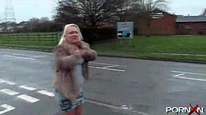 mature blonde mommy flashing natural tits in panties outdoor for hardcore fun