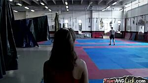 Pussy hungry lesbians scissoring and wrestling hard.