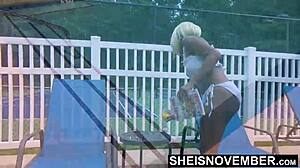 Hot ebony MsNovember undresses and jiggles bubble butt at pool.