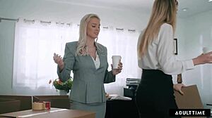 Lesbian boss seduces petite intern Haley Reed at work.  