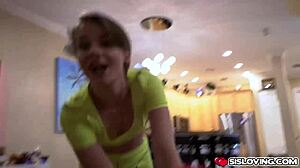 Blonde stepsister gives handjob and blowjob to stepbrother's cock