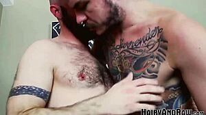 Hairyandraw Inked Stud Fucks Mickey Carpathio After Blowjob, rough doggystyle with tattoo piercing and monster cock.