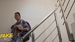 cheating boyfriend fucks teen backpacker in dorm quickie while girlfriend's next door, leading to orgasm and cumshot 😏