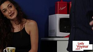 Cute babe spreads legs to help jerking guy