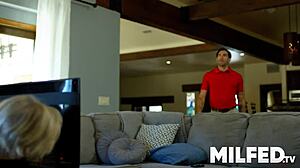 Hot Busty MILF Sneakily Fucks Cable Guy