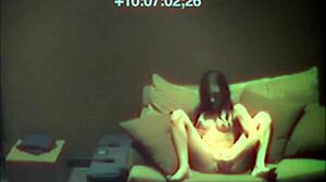 sexy babe fingering her tight pussy on the sofa for hidden cam.