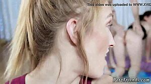 screaming teen with big tits in yoga threesome at party