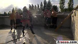 Slutty brunettes take rough double banging from army garrison!