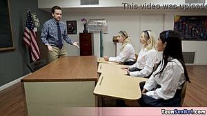 Three petite 18+ pupils offer tight pussies to lucky teacher. He can't believe his eyes with this wild uniform action! 😳