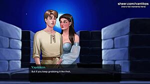 Virgin innocent girl gives first handjob in anime hentai game, part 19.