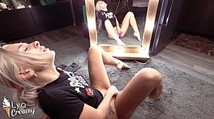 Blonde Teen 18+ Fingers Pussy with Toys at Mirror