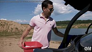 Naked men wash car, end with gay jerk and cumshot 😏