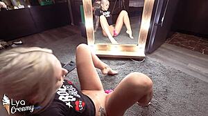 Blonde Teen 18+ Fingers Pussy with Toys at Mirror