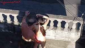 Exhibitionism and kissing almost leads to outdoor sex with drone recording