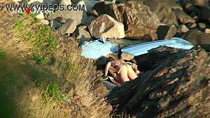 Beach voyeur catches couple thinking secluded spot is perfect for quick passionate fuck