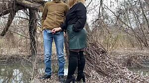 squeezing chubby stepmom's ass in leather skirt