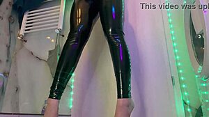 Shaved Tight Pussy Masturbates and Fucks Big Dildo in Latex Leather Webcam
