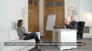 Small tits redhead cuttie bangs casting agent at work on sofa