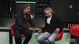 two guys filling blonde milf with creampie after threesome