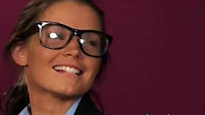 horny peach gets cum load on her face, swallowing all the load with pleasure