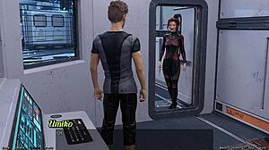 stranded in space 95, holding hands with asian scientist milf in sexy outfit.