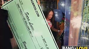 Sara luvv swallows cum from two monster cocks