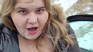Huge facial of a cute bbw blonde with big breasts in inclement weather